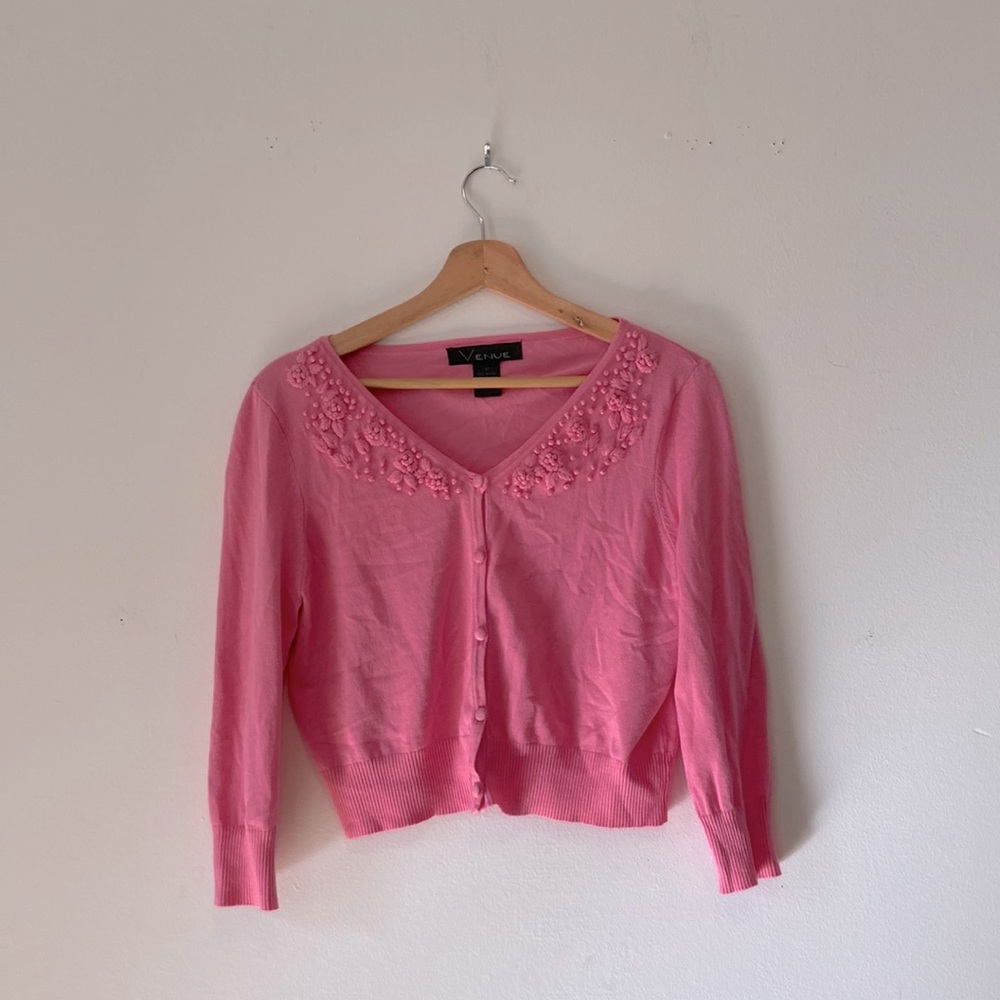 Medium Button Up Pink Sweater With Embroidered Flowers
